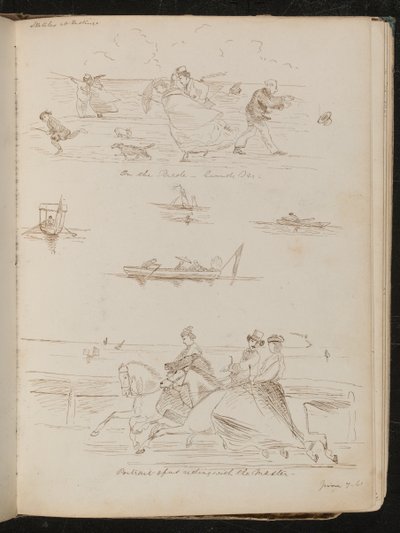 "On the Parade, a windy Day", båter med dagsturister, ryttere på hester påskrevet "riding with the master" av Lady Butler