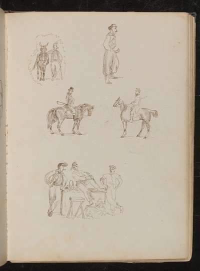 Studier av mannsfigurer med hester, studie av soldatrøyking og med sverd, studie av tre fruktselgere med stall av Lady Butler