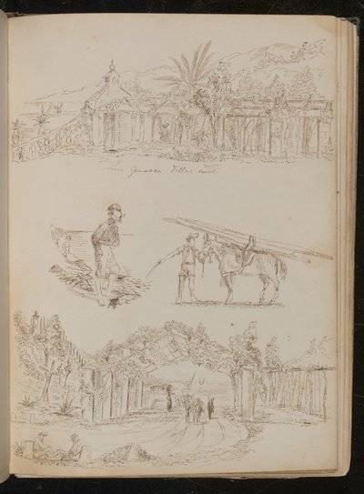 Studie av en "Genuesisk Villa", en mann med et rør, en pakkehest, en anlagt buegang med figurer av Lady Butler