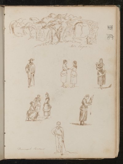 Studie av landskap med trær og ødelagte buer påskrevet "Nær Frejis", seks studier av figurer påskrevet "Provencal Peasants? av Lady Butler