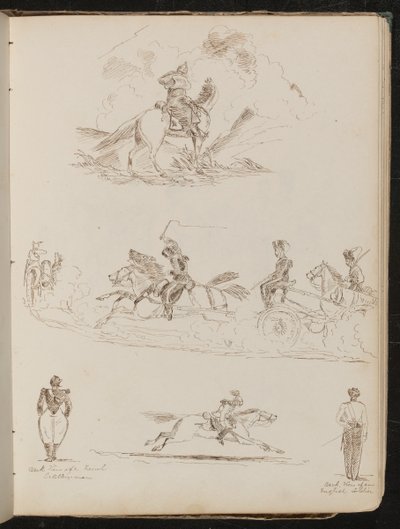 Studie av soldater på hester som trekker kanoner, to visninger av artillerimenn, en soldat i full kjole på galopperende hest av Lady Butler