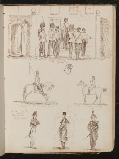 Studie av "vaktene", to studier av soldater på hesteryggen, tre studier av franske, engelske og piemontesiske politimenn av Lady Butler