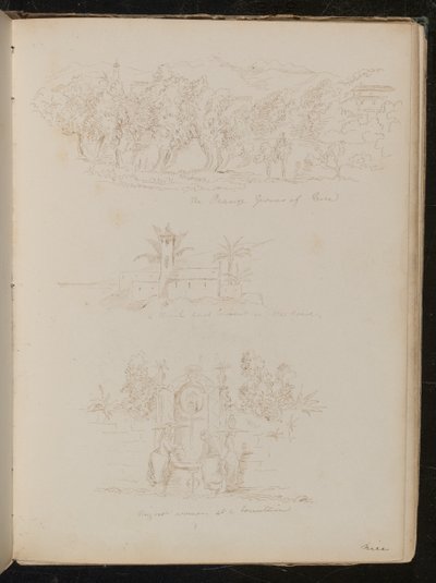 Studie av "The Orange growers of Nice", en arkitektonisk studie av "en kirke og kloster på veien", en studie av "Nizzard-kvinner ved en fontene? av Lady Butler