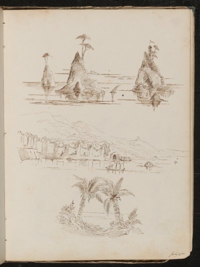 Tre studier av steinete øyer, et vannlandskap med mennesker og båter, og palmer av Lady Butler