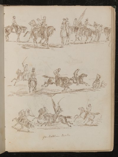 Tre studier av soldater på hesteryggen påskrevet "Garibaldian Cavalry" av Lady Butler