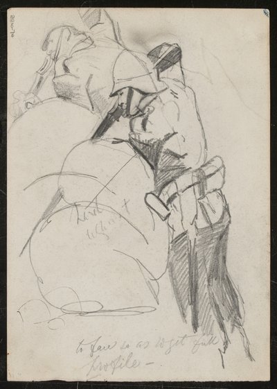 To soldater som skyter nedover over sandsekker, påskrevet "to face for å få full profil?", 1879 av Lady Butler