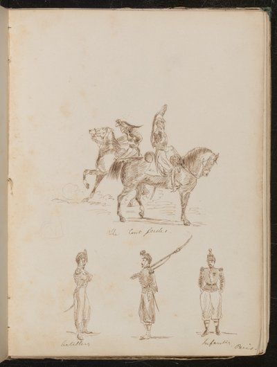 To soldater på hesteryggen påskrevet "The Cert gardes", studier av artilleri- og infanterisoldater av Lady Butler