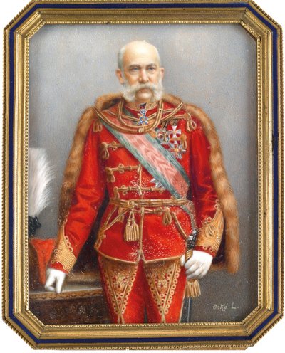 Portrett av Francois Joseph I av Østerrike (1830-1916), i ungarsk uniform. Verk av Lajos Osko (1865-1922), akvarell og gouache på horn. Ungarsk kunst, akademisk kunst. Privat samling. av Lajos Osko