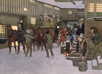 Ankomsten av en trener (farge litho) av Laloin Laloin
