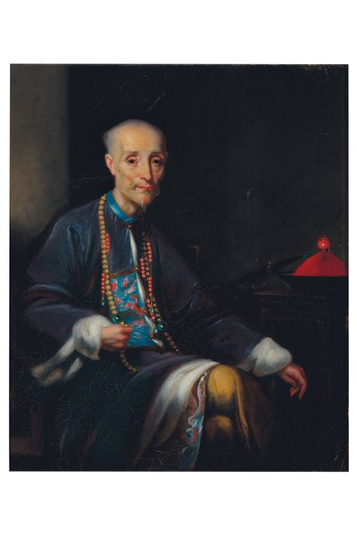 Portrett av Houqua, trekvart lengde, sittende, i et interiør (olje på lerret) av Lam Qua (attr. to)