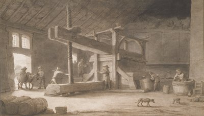 Vinpresse av Monsieur Dittyl, utenfor Nantes, ca. 1670 (penn og blekk med vask på papir) av Lambert Doomer