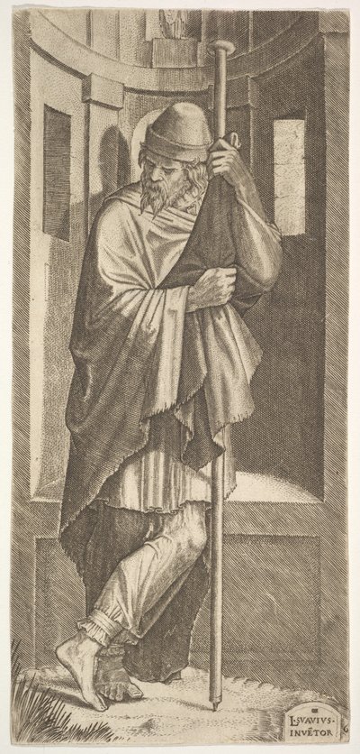 St. James Major lente seg på en stang foran en nisje, venstre ben krysset over høyre, fra..., 1545. av Lambert Suavius