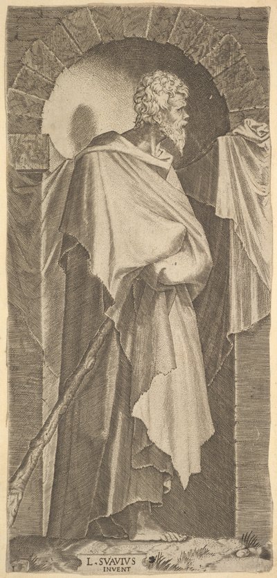 St. James Minor i en buet nisje, med en spaserstokk i hendene, som er ca..., 1545. av Lambert Suavius