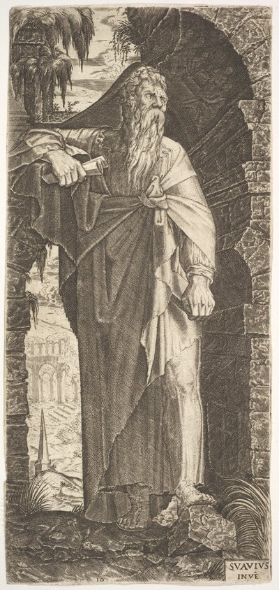 St. Paul stående under en overgrodd bue, venstre fot plassert på en stein, høyre hånd..., 1545. av Lambert Suavius