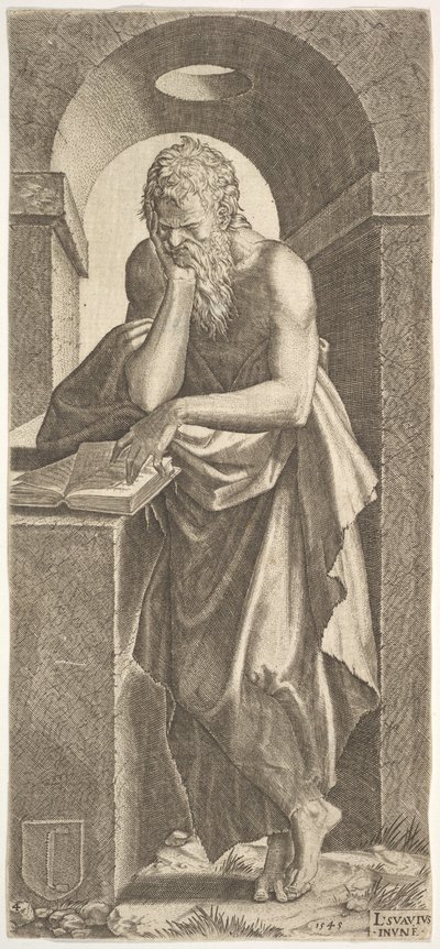 St. Simon står foran en åpen bok med fingrene på venstre hånd presset på ..., 1545. av Lambert Suavius