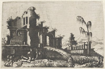 Landschap met bekrövde ruïnes en reisende Tegninger av ruiner av ulike fabrikater svært nyttige for malere og andre kunstnere av den typen (serietittel) av Lambertus Suavius