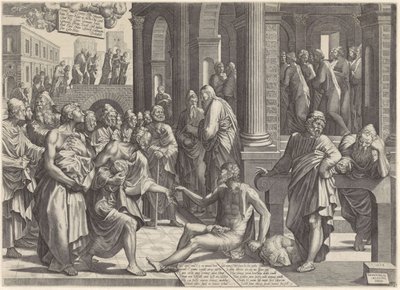 Peter og Johannes helbreder den krøplingen ved tempelporten Peter og Johannes helbreder en krøpling ved tempelporten av Lambertus Suavius