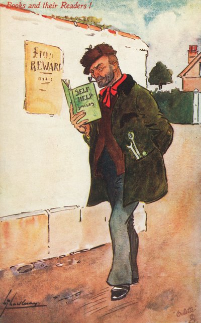 Arbeider som leser en selvhjelpsbok (fargelitho) av Lance Thackeray