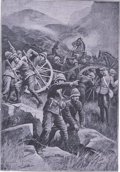 En pistol veltet i en åsside, fra After Pretoria: The Guerilla War utgitt av Harmsworth Bros Limited, 1901 av Lancelot Speed