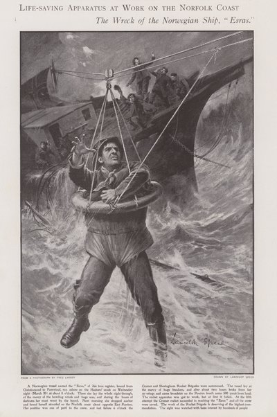Livreddende apparater i arbeid på Norfolkkysten (litho) av Lancelot Speed