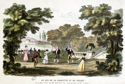 Gamle spill: spillet med racket og ratt, stamfar til badmington, basert på et litografi av Langlumé 1800-tallet. av Langlume Langlume