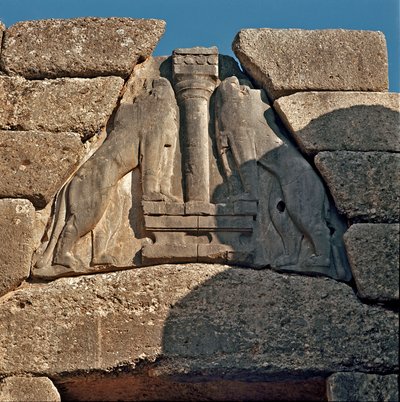 The Gate of the Lions: stedet for den gamle byen Mykenes, på Peloponnes (1500-1100 f.Kr.) Hellas av Late Helladic Period Mycenaean