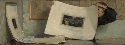 Anna blar gjennom en portefølje med utskrifter av Laura Theresa Alma Tadema (Lady)
