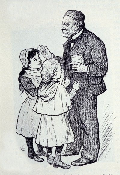 Portrett av Louis Pasteur (1822-1895), fransk kjemiker og fysiker som gir søtsaker til barna ved instituttet. Skisse av Lucien Laurent-Gsell (Laurent Gsell) (1860-1944). DR av Laurent Lucien Gsell