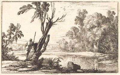 En mann som stirrer over en stille dam av Laurent de la Hyre