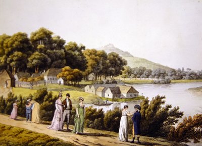 Utsikt over Brigittenau-distriktet og elven Donau fra Augarten-siden, tidlig på det nittende århundre (gravering) av Laurenz (after) Janscha