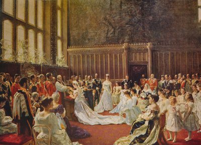 Ekteskapet til kong George V, 1894, c1915 av Laurits Regner Tuxen