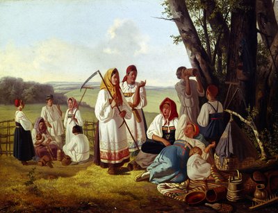 Hvil ved innhøstingstiden. En gruppe bønder i tradisjonell drakt spiser og slukker tørsten sammen med barna sine, i skyggen av trærne. Maleri av Lavr Kuzmich Plakhov (1810-1881), olje på lerret, cirka 1840. Russisk kunst av Lavr Kuzmich Plakhov