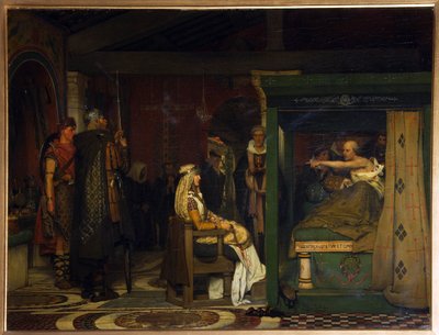 Fredegund (ca. 545-597), dronning av Neustria, besøker biskop Pretextat av Rouen (død 586) på dødsleiet (Fredegund besøker biskop Praetextatus på dødsleiet) - Maleri av Sir Lawrence Alma-Tadema (Alma Tadema) (1836-1912) , olje på tre av Lawrence Alma Tadema