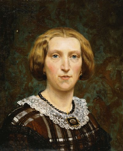 Portrett av Sientje Tadema, liten bystelengde, i brun og hvit kjole og svart sjal, 1860 av Lawrence Alma Tadema