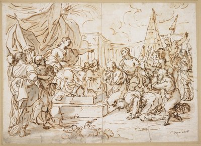 Joseph and His Brethren, 1. Mosebok 41 (penn, brunt blekk og blågrå vask over svart kritt på papir) av Lazzaro Baldi