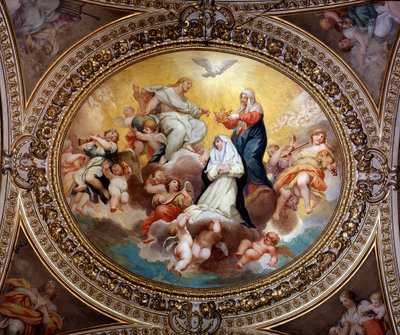 Den hellige jomfru som kroner St Rose of Lima med Jesus og Den Hellige Ånd (maleri av Lazzaro Baldi