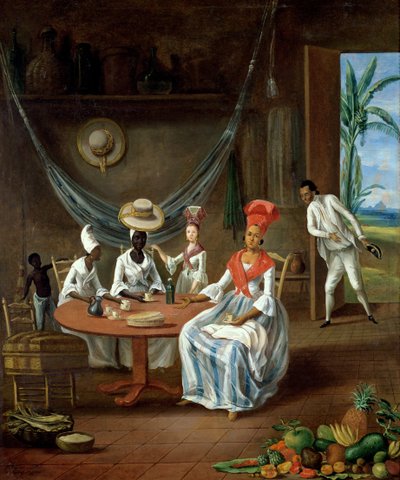 En mulattkvinne med sin hvite datter besøkt av svarte kvinner i huset deres på Martinique, 1775 av Le Masurier