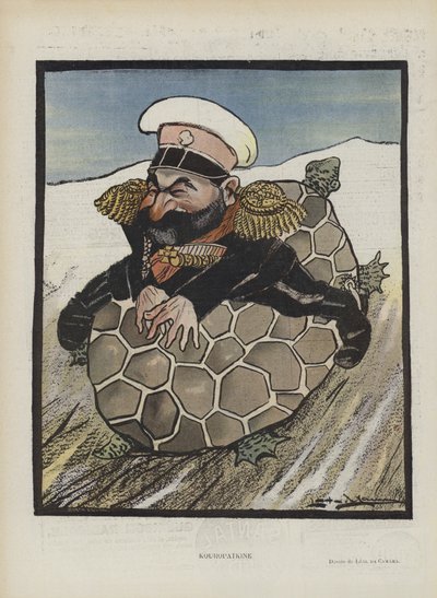 Aleksey Kuropatkin, russisk krigsminister. Illustrasjon for Le Rire (farge litho) av Leal de Camara