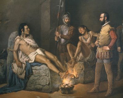Tortur av Cuauhtemoc (1497-1525) 1893 (detalj) (olje på lerret) av Leandro Izaguirre