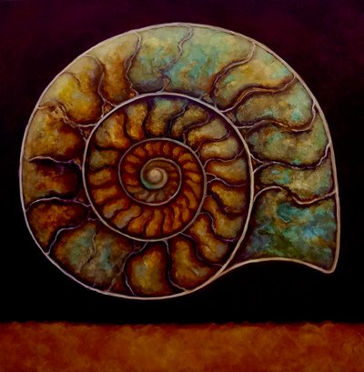 Ammonite Gold and Burgundy, 2021 (olje på lerret) av Lee Campbell