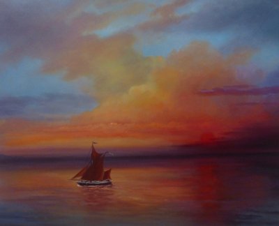 Red Sails - Thames Barge på fullt seil, 2022 (olje på lerret) av Lee Campbell