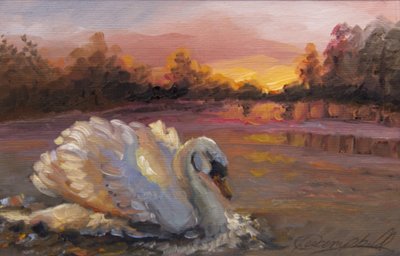 Swan at Sunrise, 2016, (olje på papir) av Lee Campbell