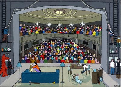 Akt 2 Scene 2. Så ringte det på døren, 2015 (Akryl og blekk på lerret) av Lee Sellers