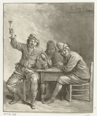 Tre menn ved bordet røyker og drikker av Leendert Brasser (signed by artist)