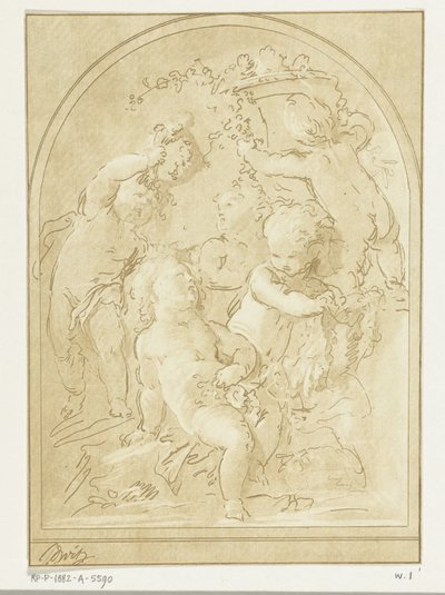 Fem putti med blomster og girlandere ved en vase av Leendert Brasser