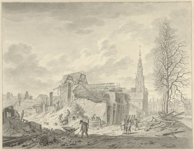 Utsikt over Rapenburg i Leiden etter kruttkatastrofen 12. januar 1807 av Leendert Overbeek