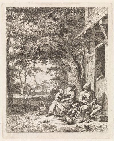 Familie med hund, sitter foran et hus Landskap med figurer (serietittel) av Leendert Overbeek