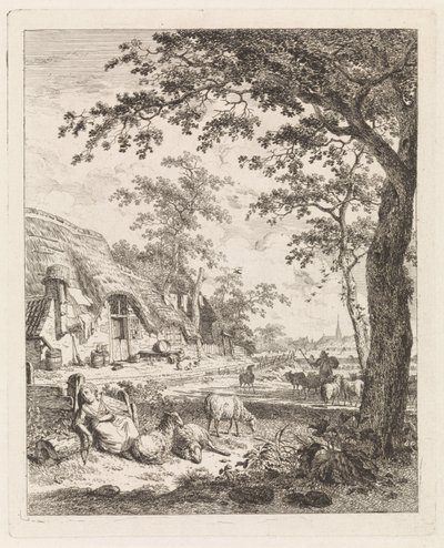 Gjeterinne med sauer foran en gård Landskap med figurer (serietittel) av Leendert Overbeek