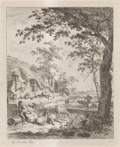 Gjeterinne med sauer foran en gård Landskap med figurer (serietittel) av Leendert Overbeek