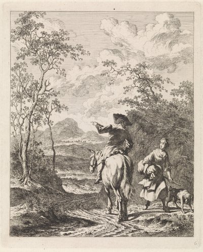 Rytter ber om veibeskrivelse til en jente med en hund Landskap med figurer (serietittel) av Leendert Overbeek